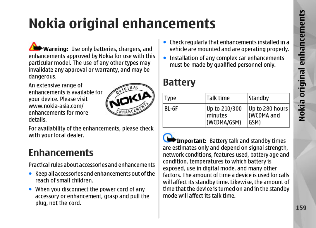 Nokia N95 manual Nokia original enhancements, Battery, Enhancements, 159 