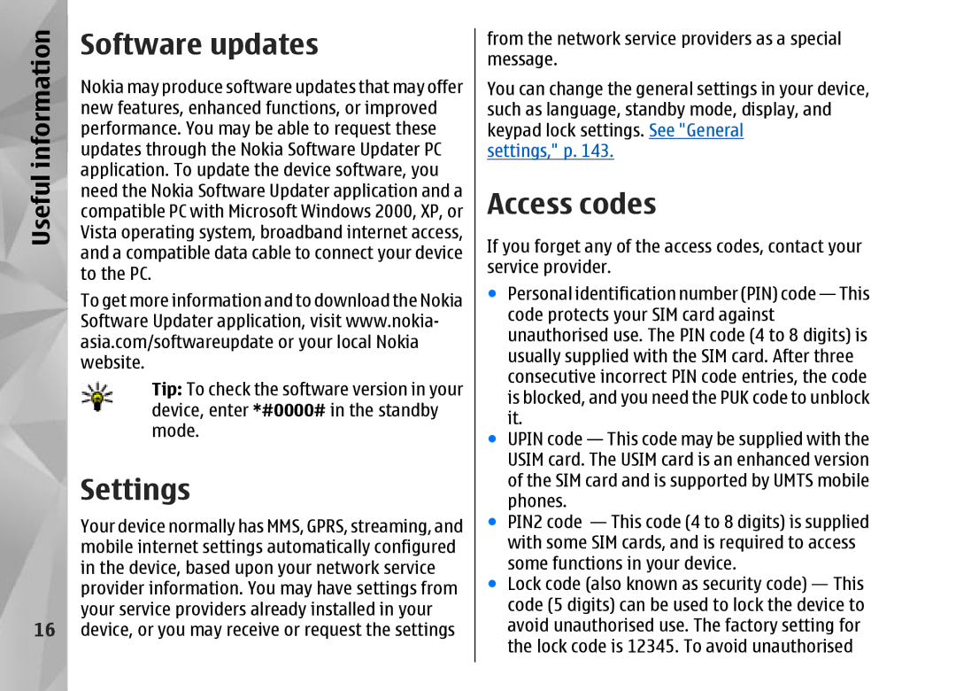 Nokia N95 manual Software updates, Settings, Access codes, Useful 