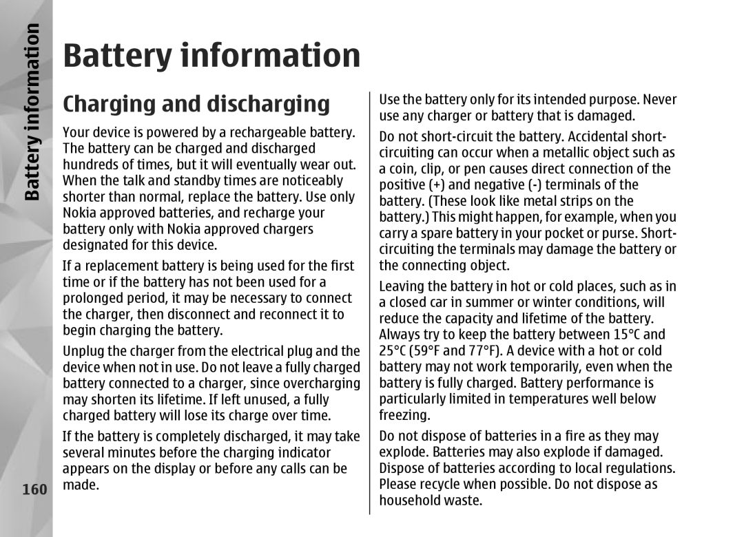 Nokia N95 manual Battery information, Charging and discharging, 160 