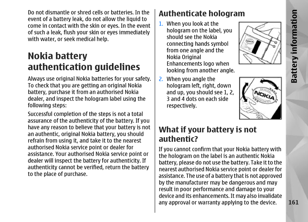 Nokia N95 manual Authenticate hologram, What if your battery is not Authentic?, 161 