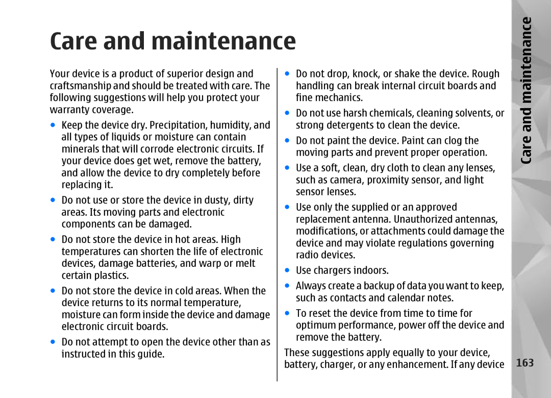 Nokia N95 manual Care and maintenance, 163 