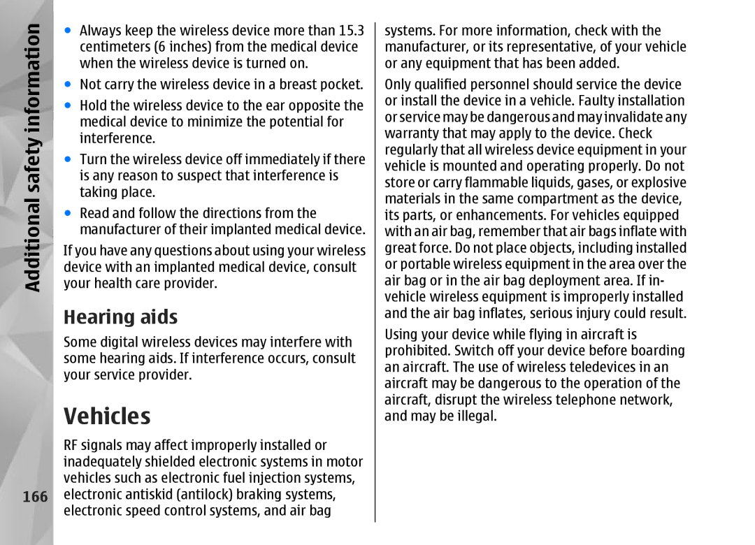 Nokia N95 manual Vehicles, Hearing aids 