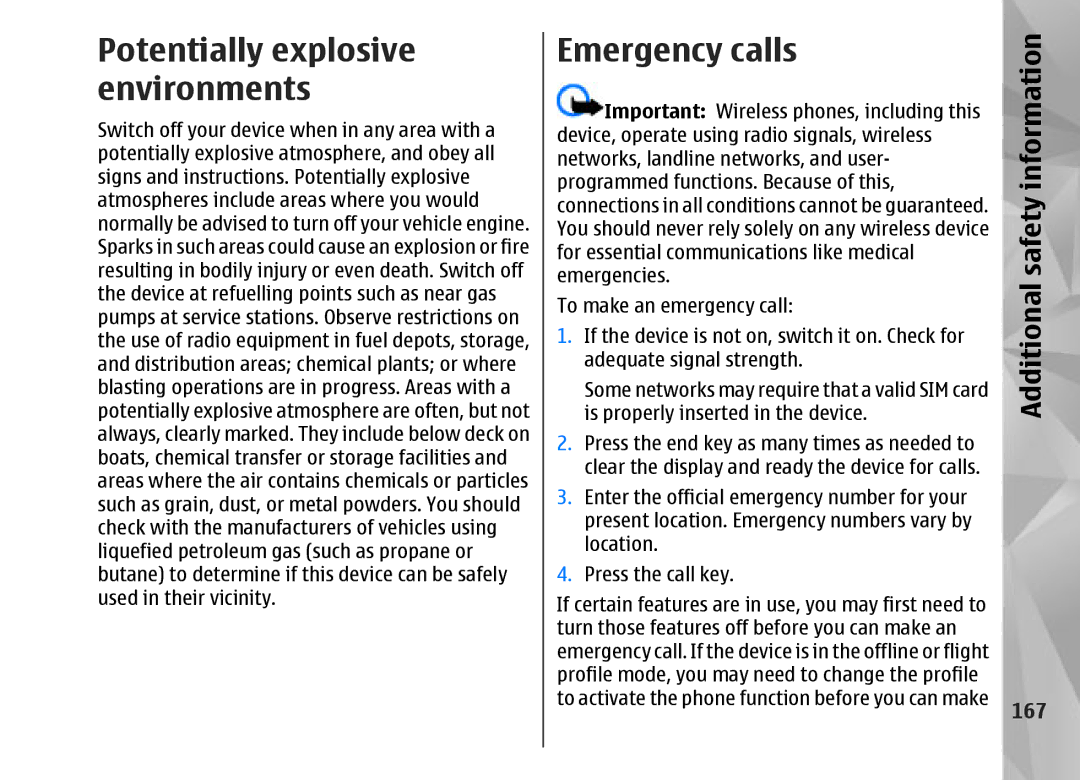 Nokia N95 manual Emergency calls, Additional safety information, 167 