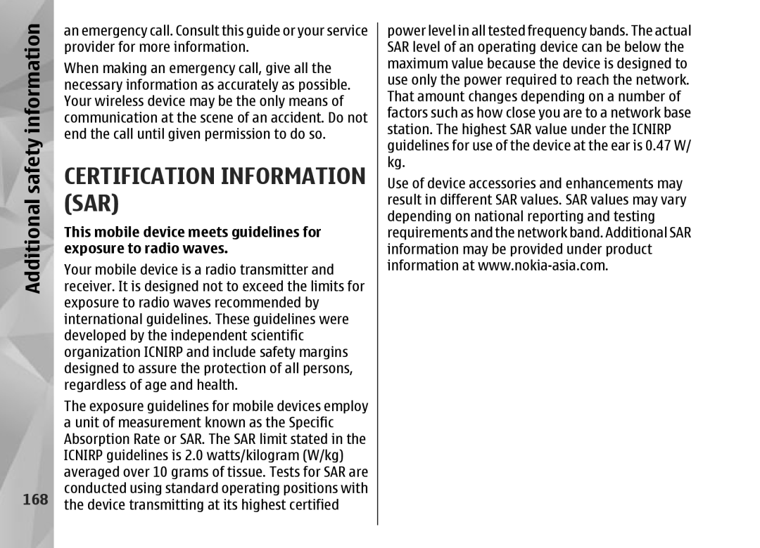 Nokia N95 manual Certification Information SAR, 168 