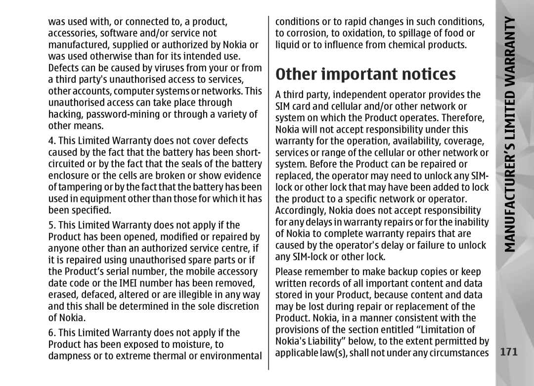 Nokia N95 manual Other important notices, 171 