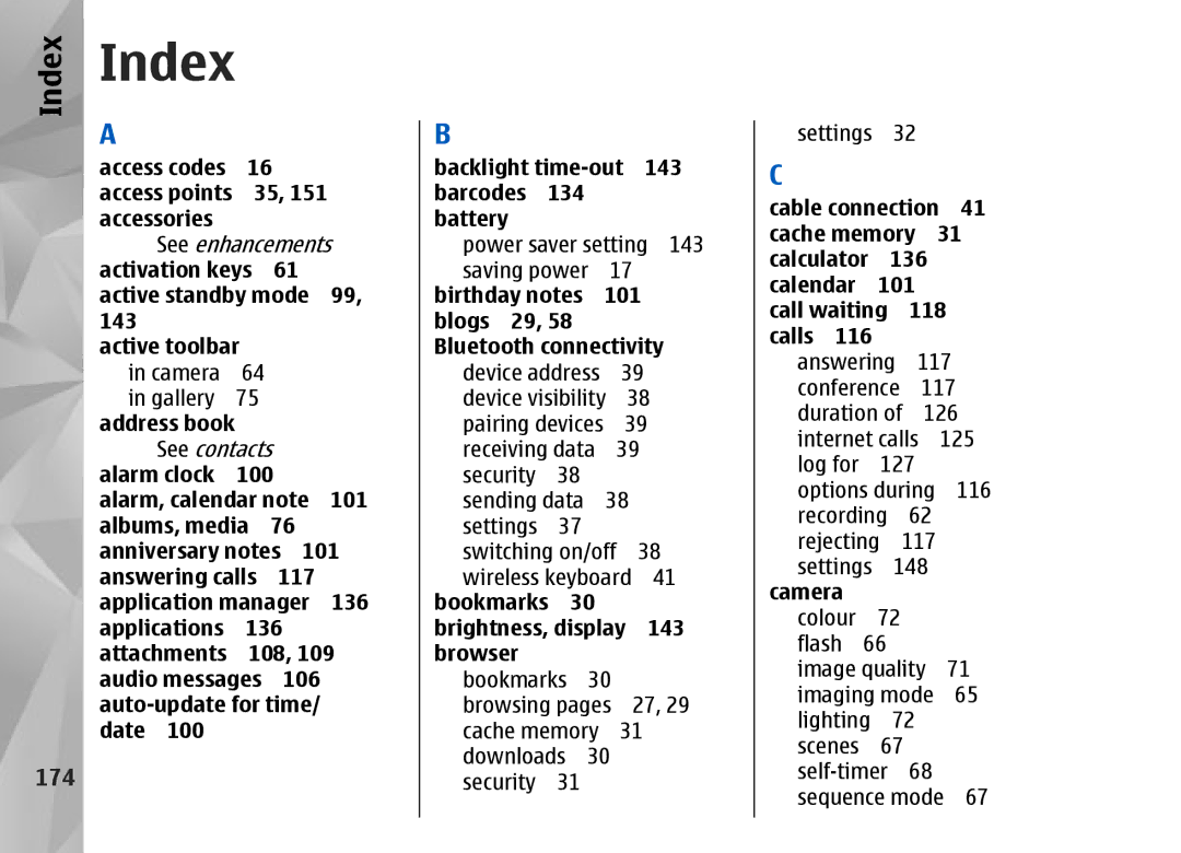 Nokia N95 manual Index, 174 