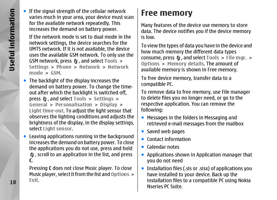 Nokia N95 manual Free memory 