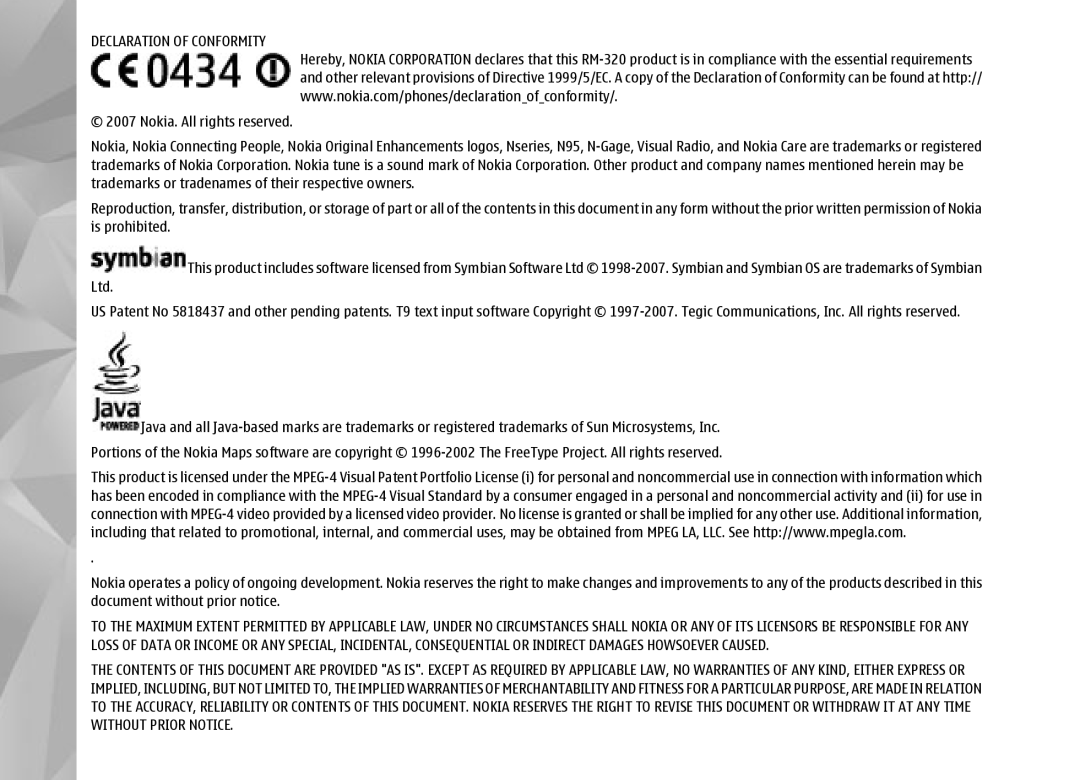 Nokia N95 manual Declaration of Conformity 