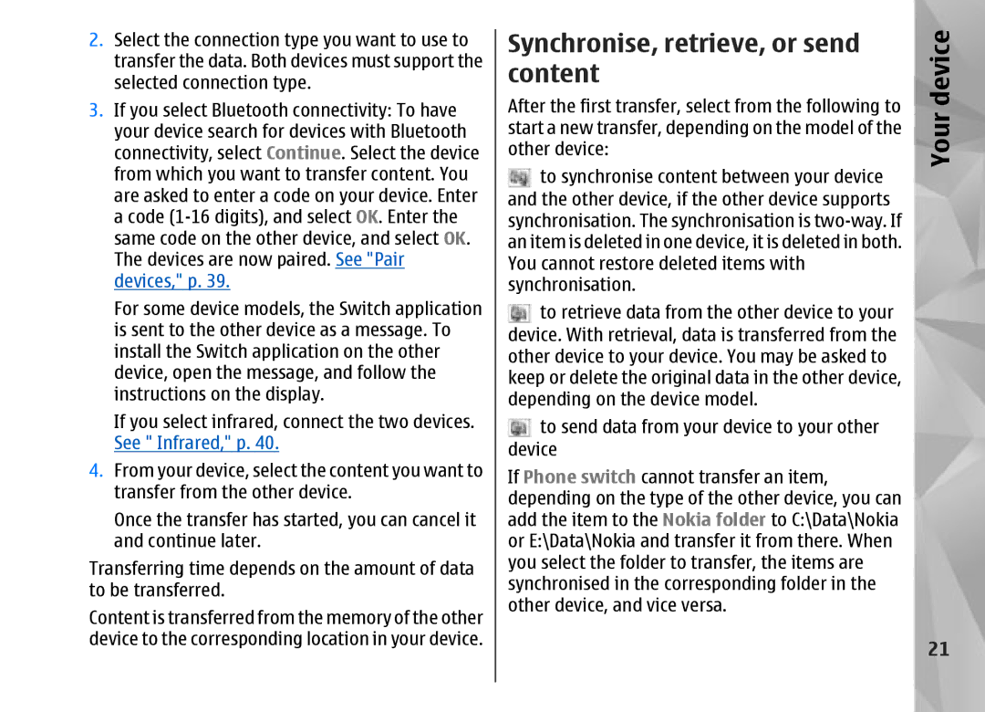 Nokia N95 manual Synchronise, retrieve, or send content 