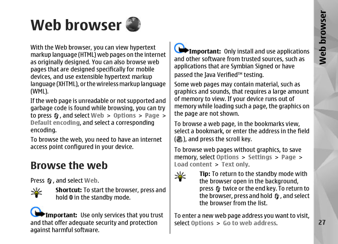 Nokia N95 manual Web browser, Browse the web 