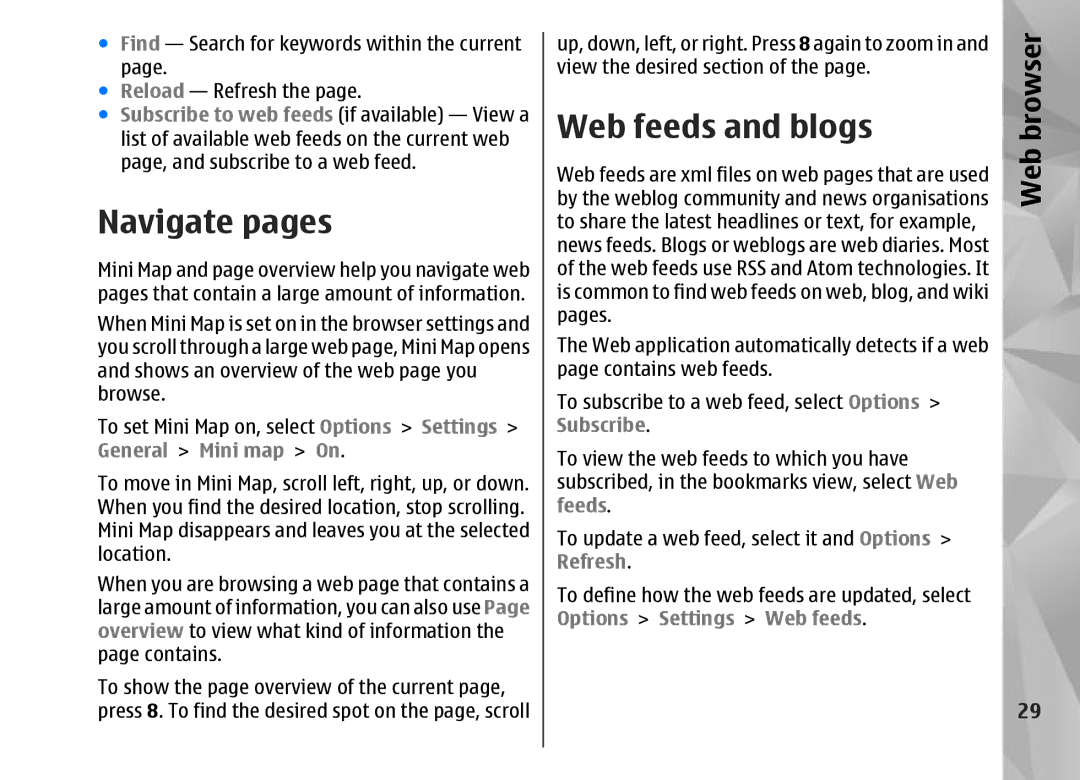 Nokia N95 manual Navigate pages, Web feeds and blogs 