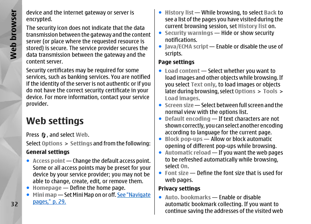 Nokia N95 manual Web settings, Security warnings Hide or show security notifications 