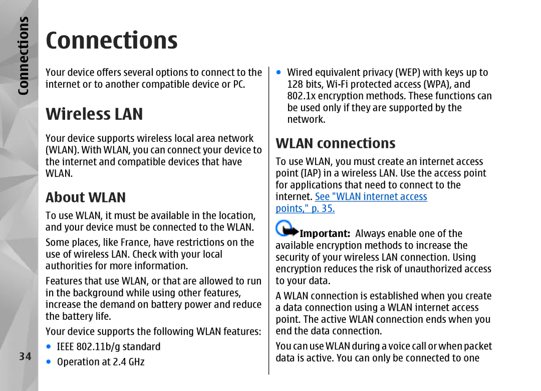 Nokia N95 manual Connections, Wireless LAN, About Wlan, Wlan connections 