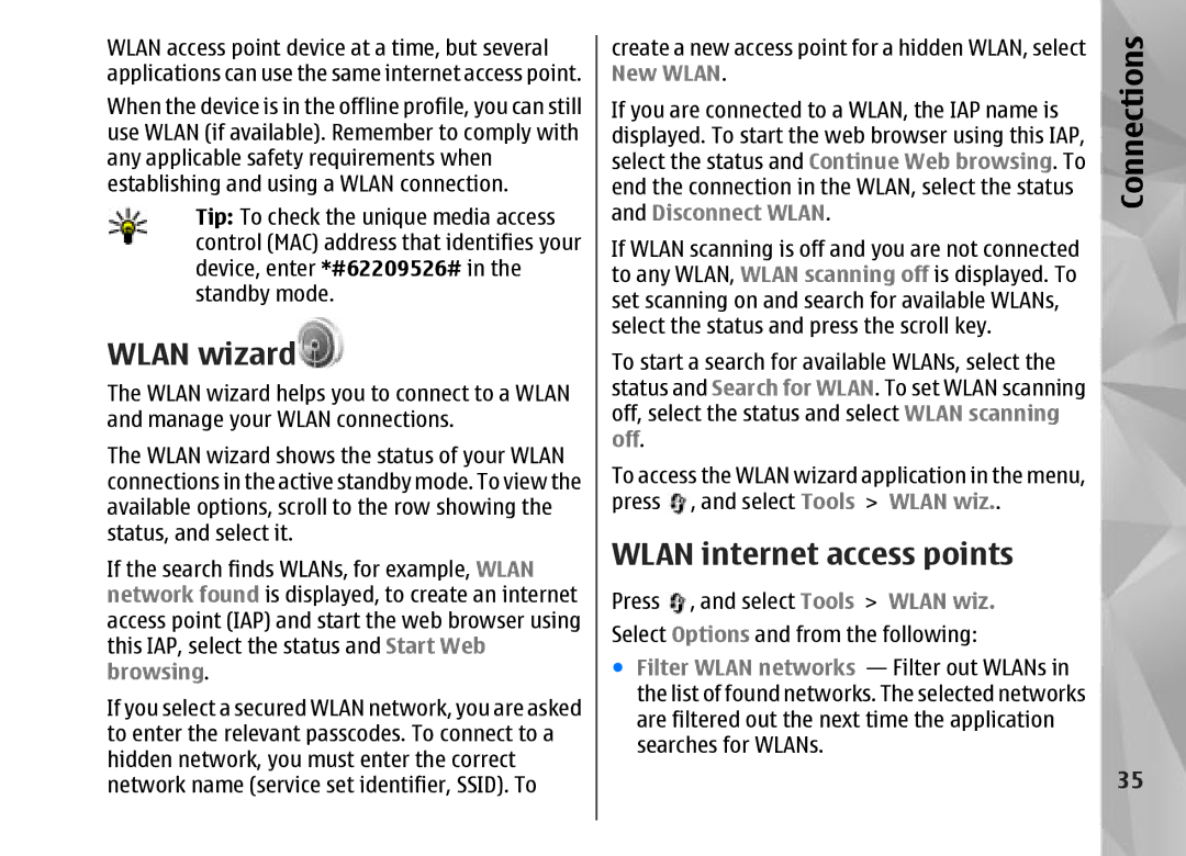 Nokia N95 manual Wlan wizard, Wlan internet access points, Connections 