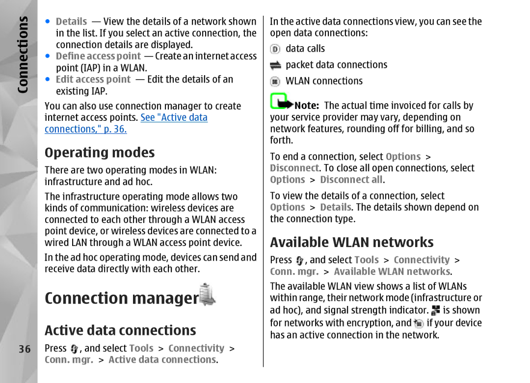 Nokia N95 manual Connection manager, Operating modes, Active data connections, Available Wlan networks 