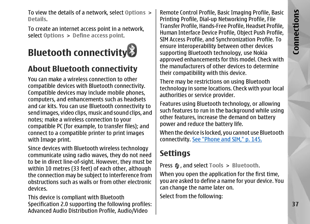 Nokia N95 manual About Bluetooth connectivity, Settings 