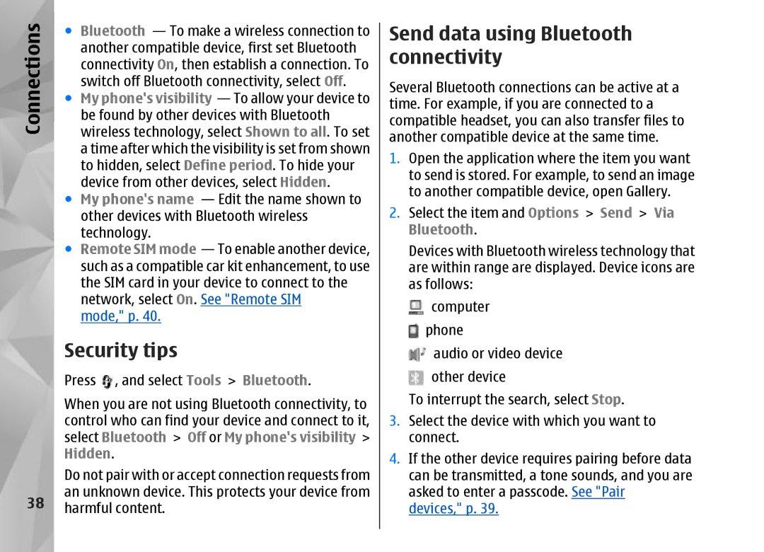 Nokia N95 Security tips, Send data using Bluetooth connectivity, Select Bluetooth Off or My phones visibility, Hidden 