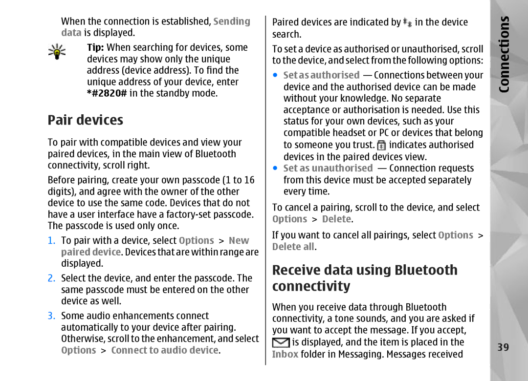 Nokia N95 manual Pair devices, Receive data using Bluetooth connectivity 