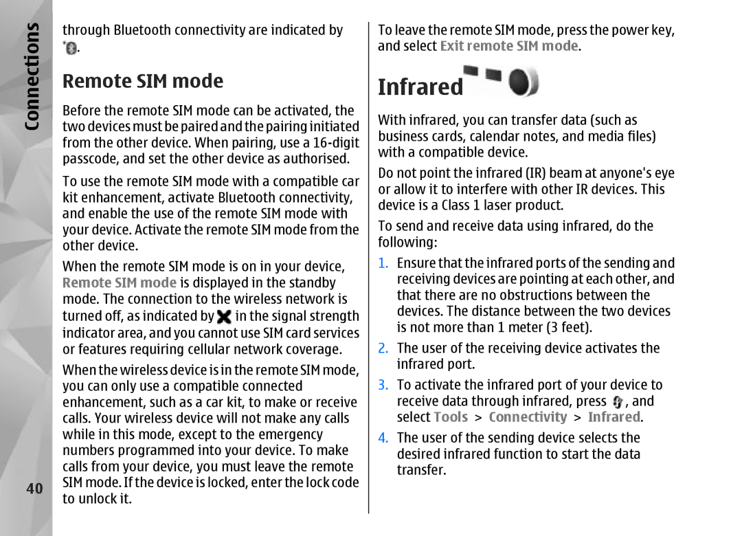 Nokia N95 manual Infrared, Remote SIM mode 