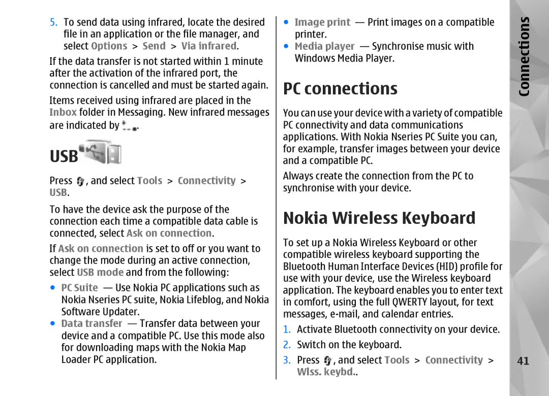 Nokia N95 manual PC connections, Nokia Wireless Keyboard 