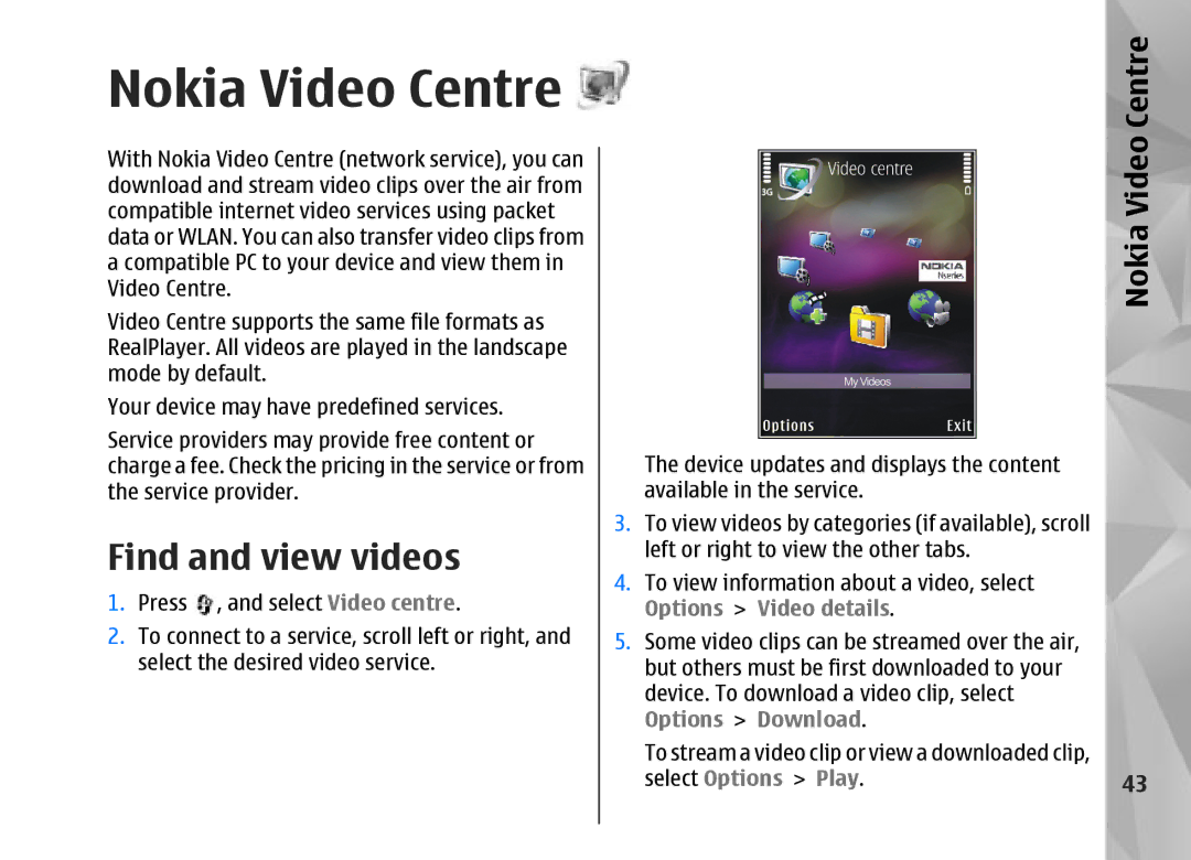 Nokia N95 manual Nokia Video Centre, Find and view videos 