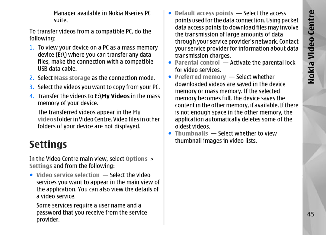 Nokia N95 manual Settings 