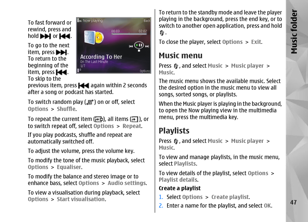 Nokia N95 manual Music menu, Playlists, Music folder 