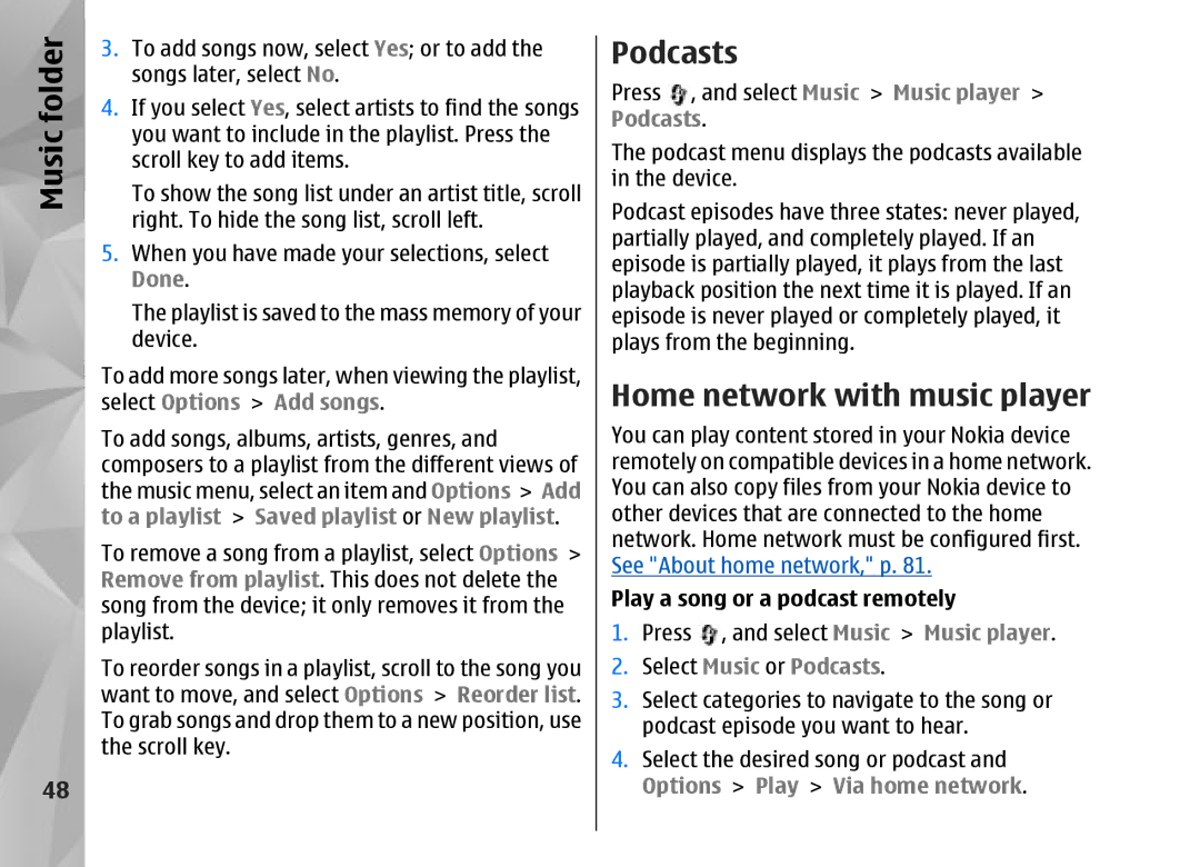 Nokia N95 manual Podcasts, Home network with music player, Play a song or a podcast remotely 