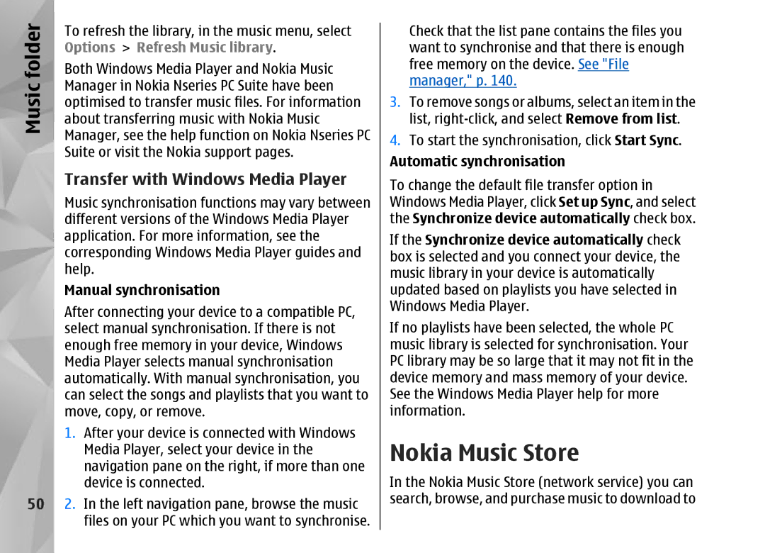 Nokia N95 manual Nokia Music Store, Options Refresh Music library, Manual synchronisation, Automatic synchronisation 