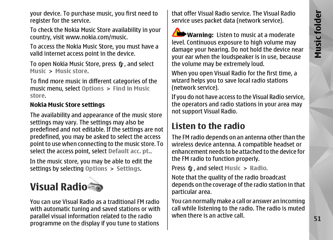 Nokia N95 manual Visual Radio, Listen to the radio, Nokia Music Store settings 