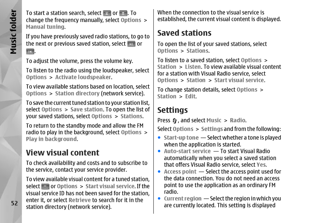 Nokia N95 manual View visual content, Saved stations, Manual tuning 