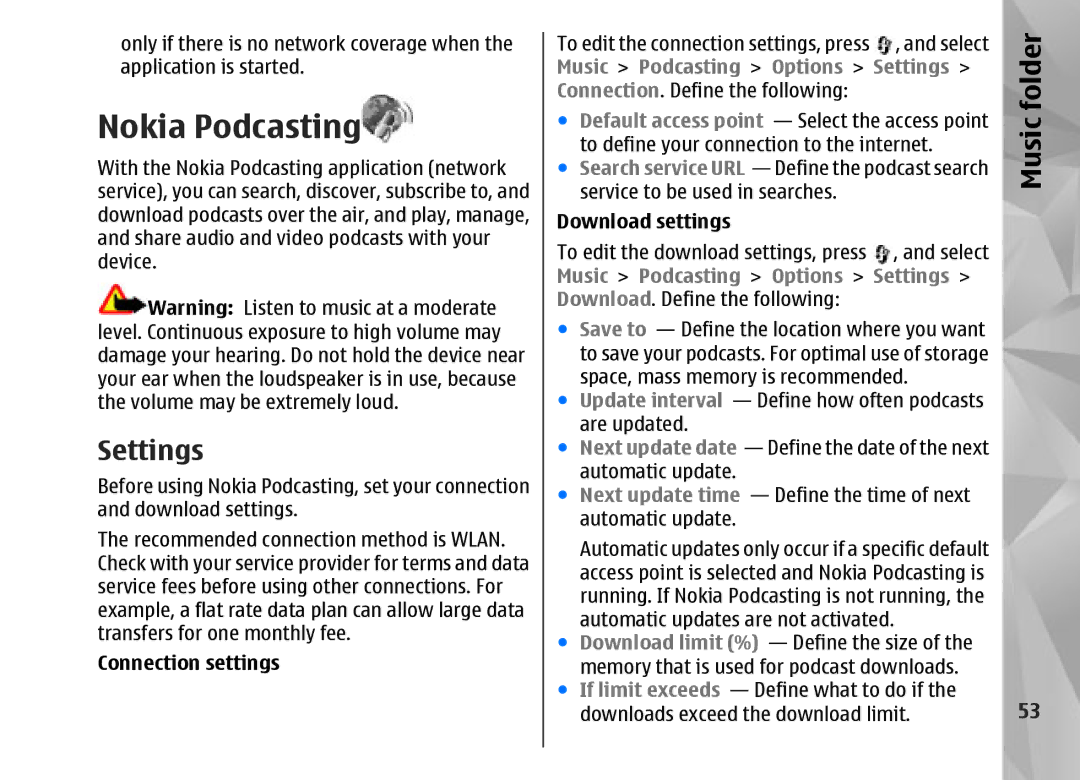 Nokia N95 manual Nokia Podcasting, Connection settings, Music Podcasting Options Settings, Download settings 