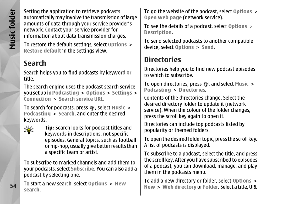 Nokia N95 manual Music, Search, Podcasting Directories 