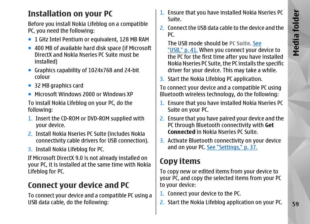 Nokia N95 manual Installation on your PC, Connect your device and PC, Copy items 