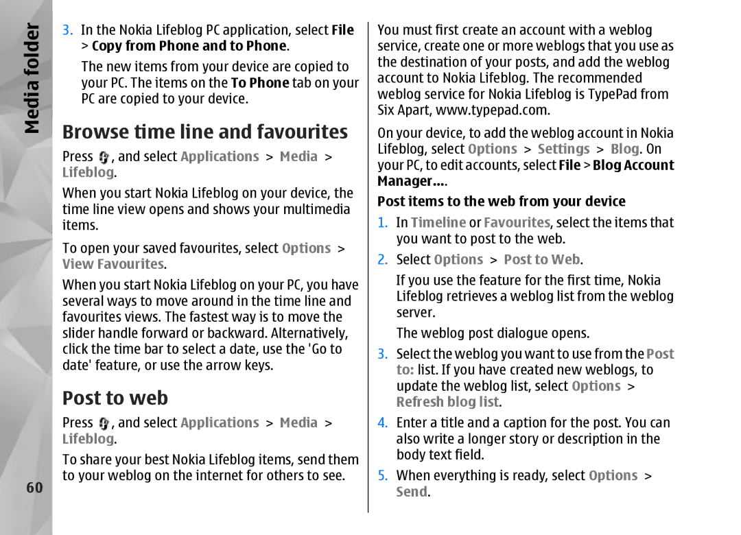 Nokia N95 Browse time line and favourites, Post to web, Post items to the web from your device, Select Options Post to Web 