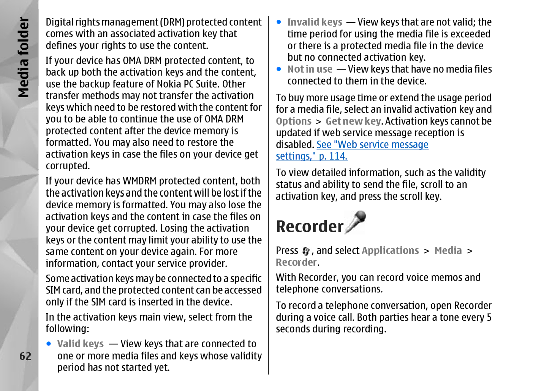 Nokia N95 manual Recorder, Media 