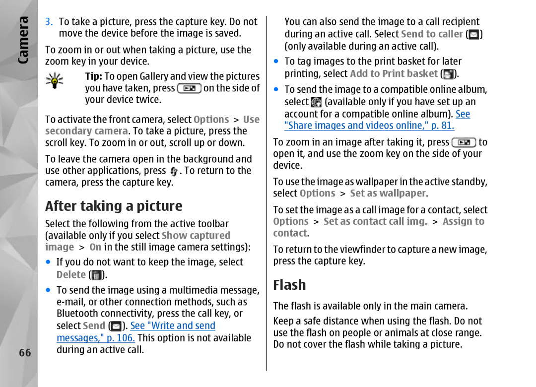 Nokia N95 manual After taking a picture, Flash, Camera 