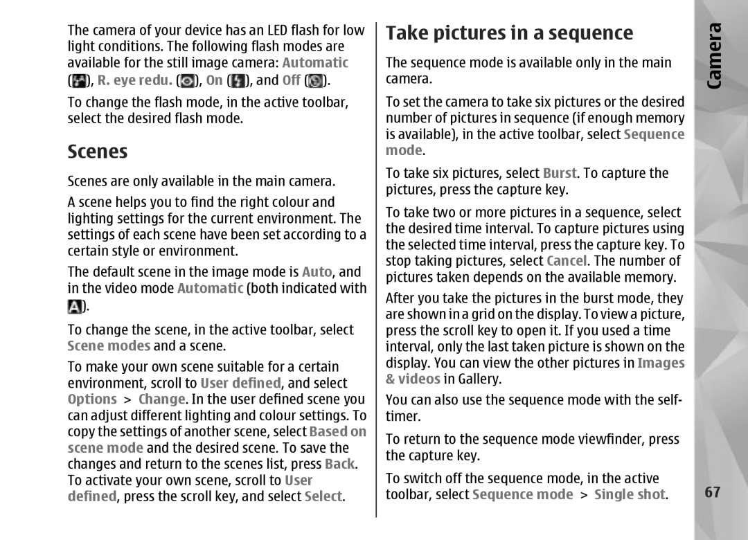 Nokia N95 manual Scenes, Take pictures in a sequence 