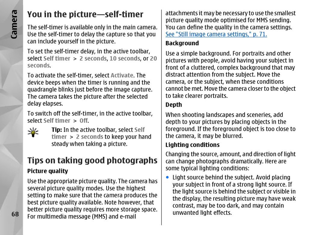 Nokia N95 manual You in the picture-self-timer, Tips on taking good photographs, Seconds, Select Self timer Off 