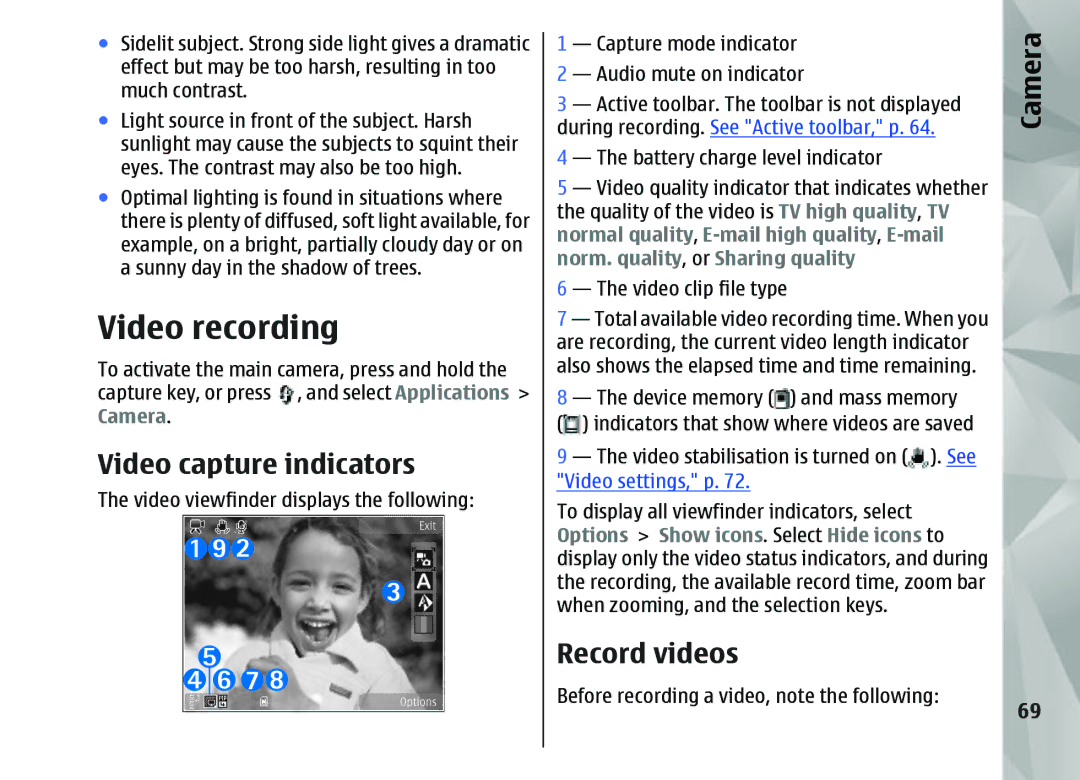 Nokia N95 manual Video recording, Video capture indicators, Record videos 