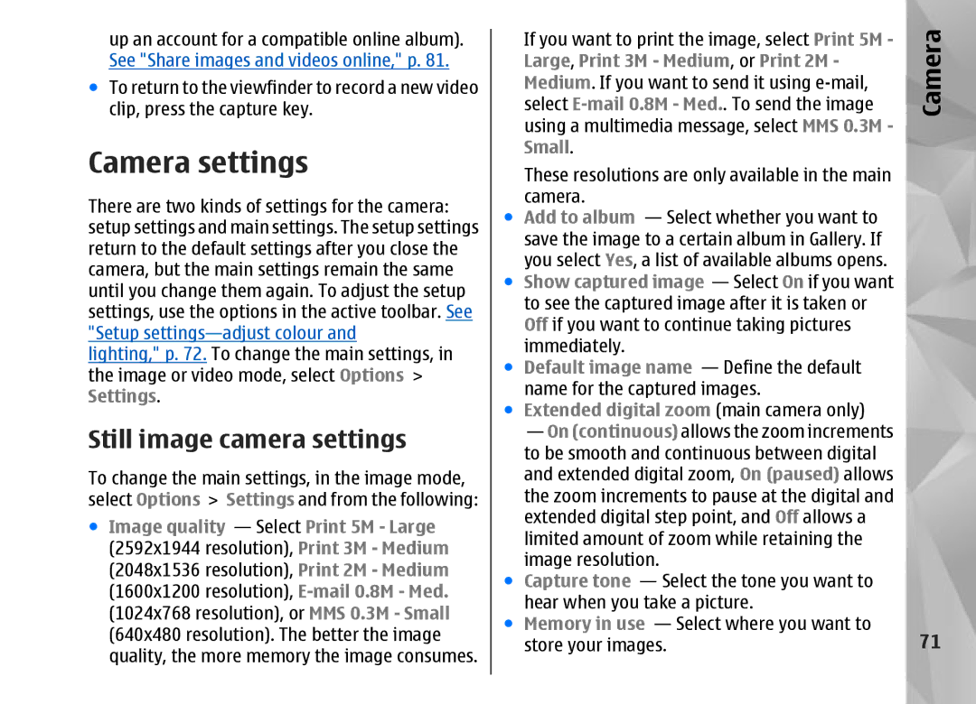 Nokia N95 manual Camera settings, Still image camera settings, Extended digital zoom main camera only 