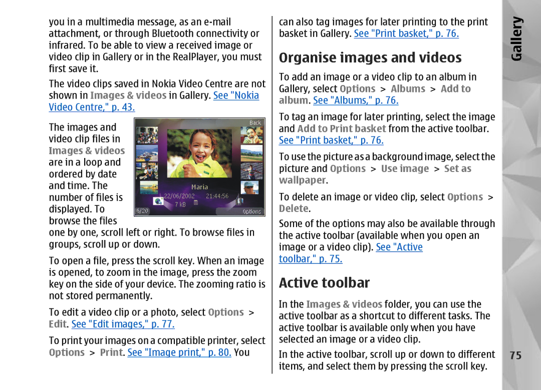 Nokia N95 manual Organise images and videos, Active toolbar 