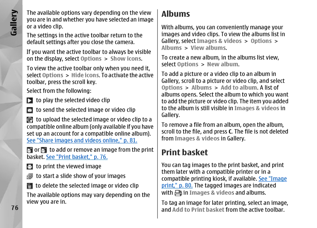 Nokia N95 manual Albums, Print basket 