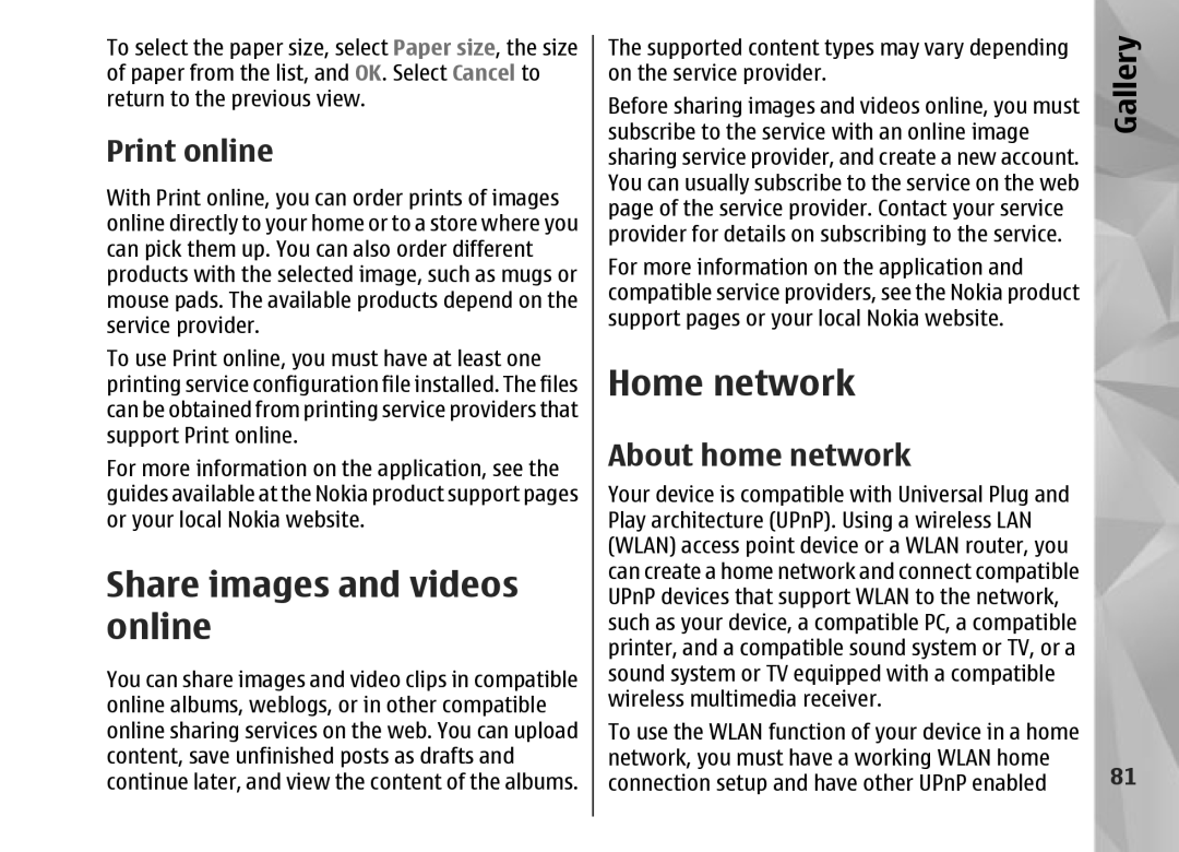 Nokia N95 manual Share images and videos online, Home network, Print online, About home network 