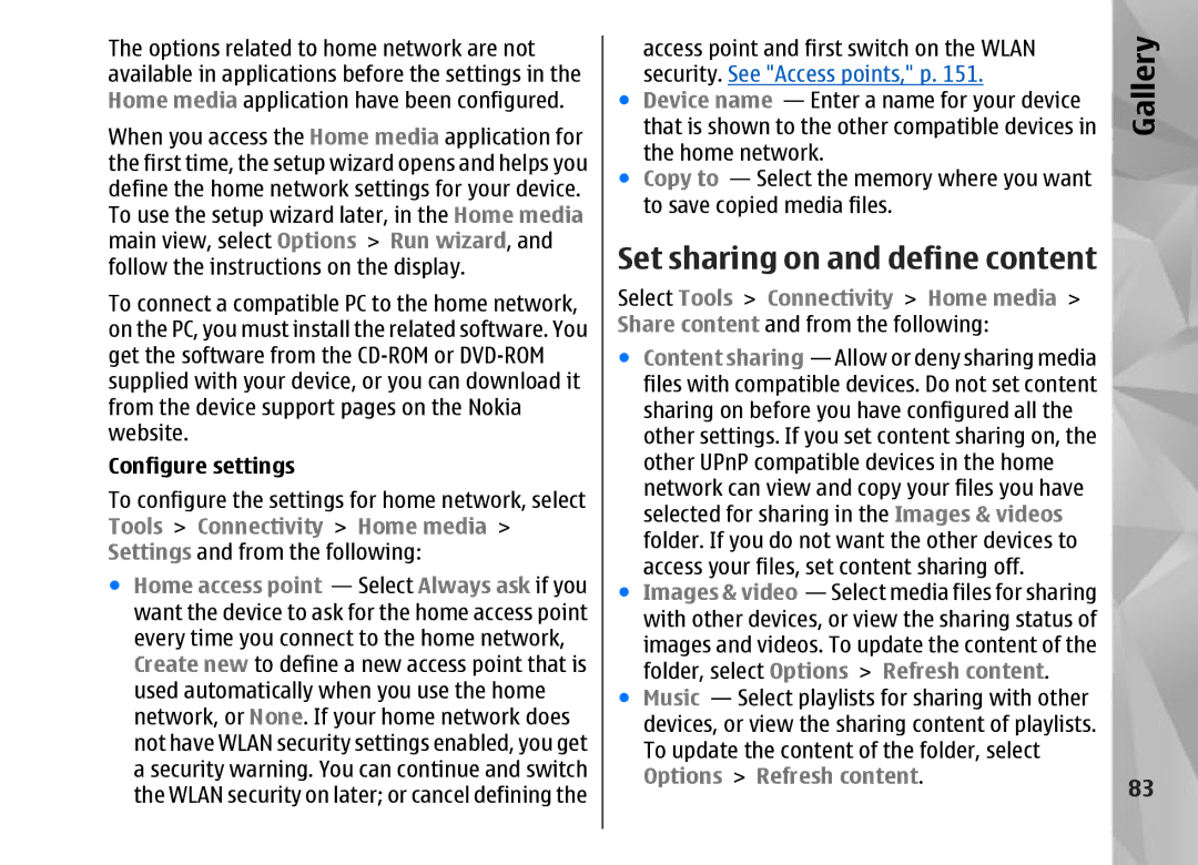 Nokia N95 manual Set sharing on and define content, Configure settings 