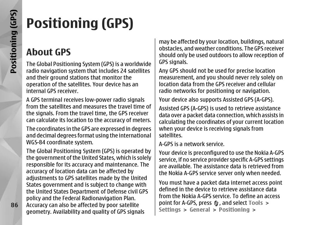 Nokia N95 manual Positioning GPS, About GPS 