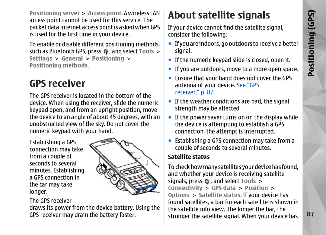 Nokia N95 manual GPS receiver, About satellite signals, Satellite status 