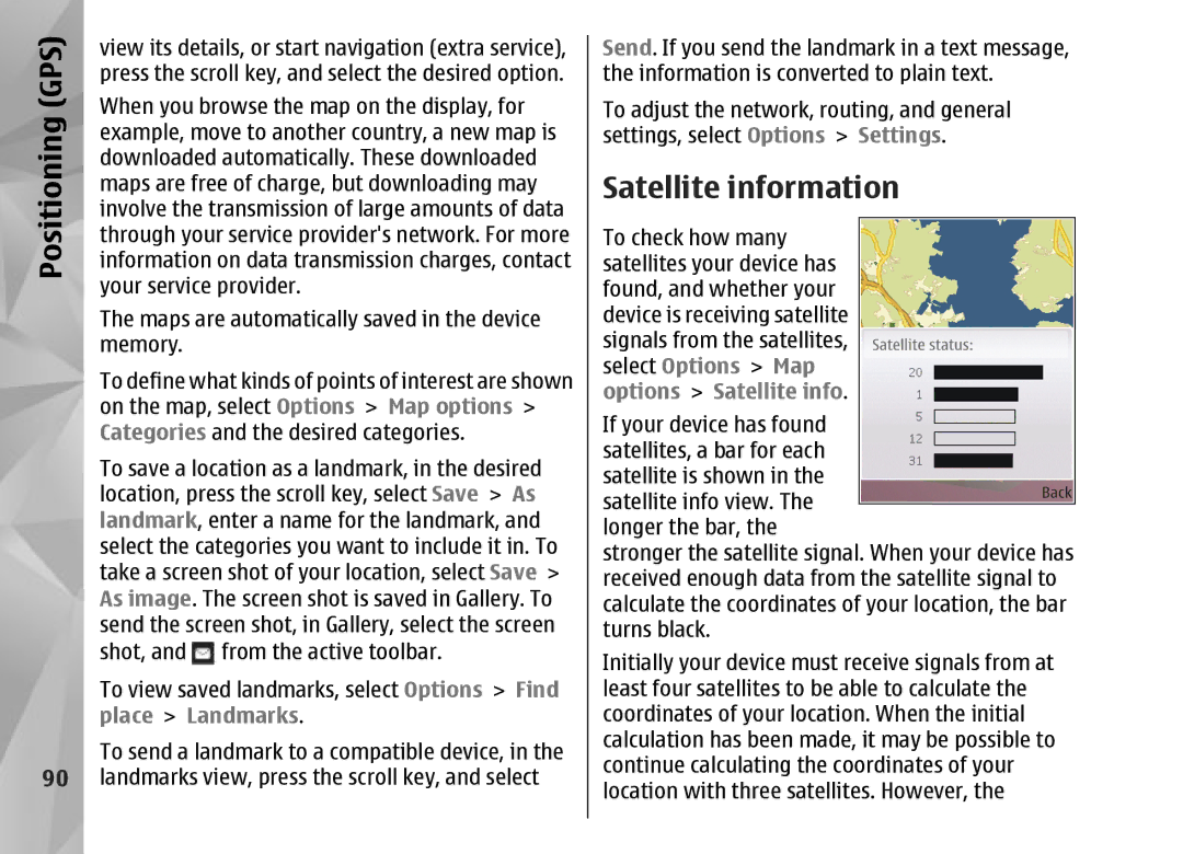 Nokia N95 manual Satellite information, Place Landmarks 