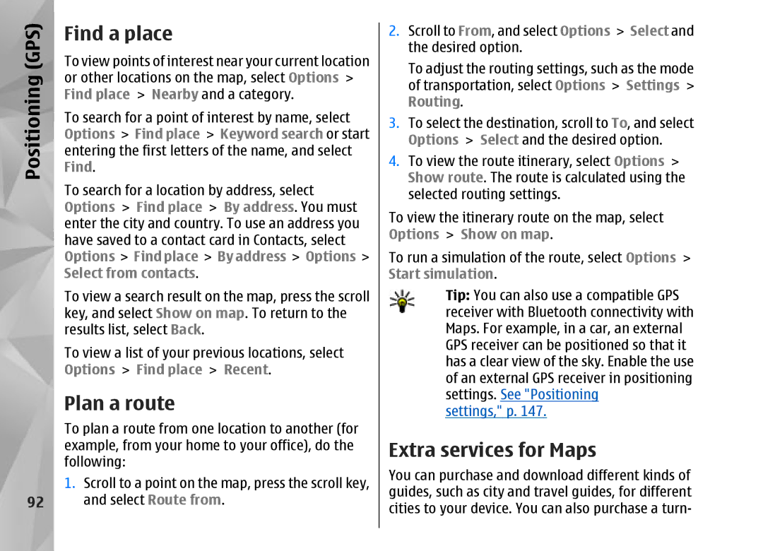 Nokia N95 manual Find a place, Plan a route, Extra services for Maps 