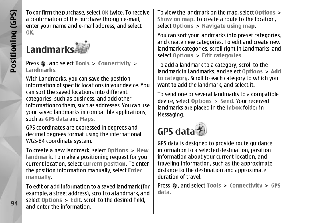 Nokia N95 manual Landmarks, GPS data, Manually 